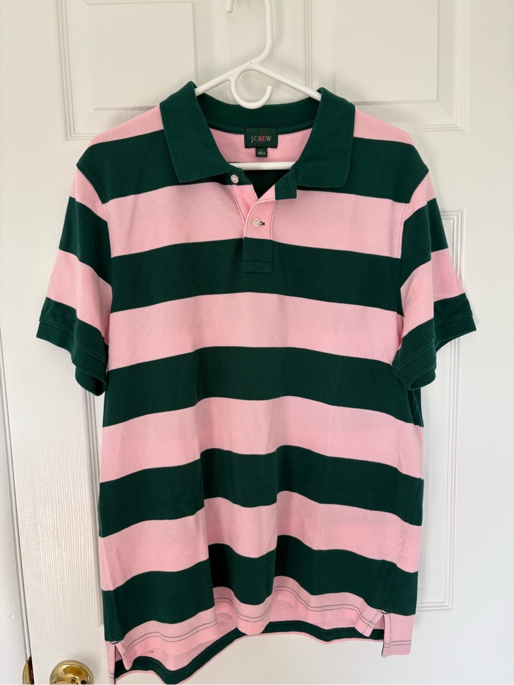 J. Crew Men’s Pink and Dark Green Wide-Stripe Polo